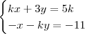 \begin{cases} kx + 3y = 5k \\ - x - ky = - 11 \end{cases} \begin{cases} kx + 3y = 5k \\ - x - ky = - 11 \end{cases}