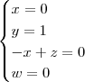 \begin{cases} x = 0\\ y = 1\\ -x + z = 0\\ w = 0 \end{cases} \begin{cases} x = 0\\ y = 1\\ -x + z = 0\\ w = 0 \end{cases}