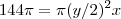 144  \pi  =  \pi (y/2)^2 x