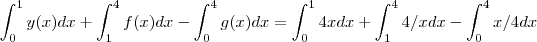\int_{0}^{1} y(x) dx + \int_{1}^{4} f(x)dx - \int_{0}^{4} g(x) dx = \int_{0}^{1} 4x dx + \int_{1}^{4} 4/x dx -\int_{0}^{4} x/4  dx