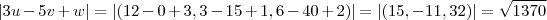 |3u-5v+w| =|(12-0+3 , 3-15+1 ,6-40+2 )| = |(15,-11,32)| = \sqrt{1370}