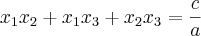 {x}_{1}{x}_{2}+{x}_{1}{x}_{3}+{x}_{2}{x}_{3}=\frac{c}{a} {x}_{1}{x}_{2}+{x}_{1}{x}_{3}+{x}_{2}{x}_{3}=\frac{c}{a}