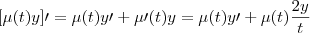 [\mu(t)y]\prime=\mu(t)y\prime+\mu\prime(t)y=\mu(t)y\prime +\mu(t)\frac{2y}{t}