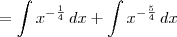 = \int x^{-\frac{1}{4}} \, dx + \int x^{-\frac{5}{4}} \,dx = \int x^{-\frac{1}{4}} \, dx + \int x^{-\frac{5}{4}} \,dx