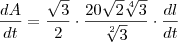 \frac{dA}{dt}= \frac{\sqrt{3}}{2}\cdot \frac{20\sqrt{2}\sqrt[4]{3}}{\sqrt[2]{3}} \cdot \frac{dl}{dt}