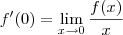 f^\prime(0) = \lim_{x\to 0}\frac{f(x)}{x} f^\prime(0) = \lim_{x\to 0}\frac{f(x)}{x}