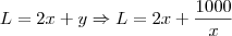 L=2x+y \Rightarrow L=2x+\frac{1000}{x} L=2x+y \Rightarrow L=2x+\frac{1000}{x}
