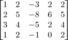 \begin{bmatrix}
1 & 2 & -3 & 2 & 2\\
2 & 5 & -8 & 6 & 5\\
3 & 4 & -5 & 2 & 4\\
1 & 2 & -1 & 0 & 2
\end{bmatrix} \begin{bmatrix}
1 & 2 & -3 & 2 & 2\\
2 & 5 & -8 & 6 & 5\\
3 & 4 & -5 & 2 & 4\\
1 & 2 & -1 & 0 & 2
\end{bmatrix}
