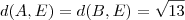 d(A,E)=d(B,E)= \sqrt{13} d(A,E)=d(B,E)= \sqrt{13}