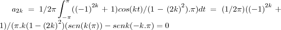 {a}_{2k}=1/2\pi\int_{- \pi}^{\pi}({(-1)}^{2k}+1)cos(kt)/(1-{(2k)}^{2}).\pi)dt=(1/2\pi)({(-1)}^{2k}+1)/( \pi. k(1-{(2k)}^{2})(sen(k(\pi))-senk(-k. \pi)=0