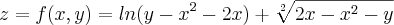 z=f(x,y)=ln(y-x^2-2x)+\sqrt[2]{2x-x^2-y}