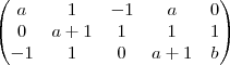 \begin{pmatrix} a & 1  & - 1 & a  & 0 \\  0 &  a+1 &  1  &  1 & 1 \\ -1 &1  &  0  & a+1  & b\end{pmatrix}