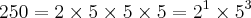 250 = 2 \times 5 \times 5 \times 5 = {2}^{1}\times {5}^{3}