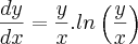 \frac{dy}{dx} = \frac{y}{x}.ln\left(\frac{y}{x} \right) \frac{dy}{dx} = \frac{y}{x}.ln\left(\frac{y}{x} \right)