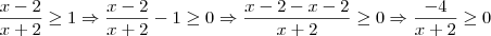 \frac{x-2}{x+2}\geq 1 \Rightarrow \frac{x-2}{x+2}-1 \geq 0 \Rightarrow \frac{x-2-x-2}{x+2} \geq 0 \Rightarrow \frac{-4}{x+2} \geq 0 \frac{x-2}{x+2}\geq 1 \Rightarrow \frac{x-2}{x+2}-1 \geq 0 \Rightarrow \frac{x-2-x-2}{x+2} \geq 0 \Rightarrow \frac{-4}{x+2} \geq 0