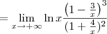 = \lim_{x\to +\infty} \ln x\frac{\left(1 - \frac{3}{x}\right)^3}{(1 + \frac{4}{x})^2} = \lim_{x\to +\infty} \ln x\frac{\left(1 - \frac{3}{x}\right)^3}{(1 + \frac{4}{x})^2}