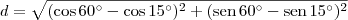 d = \sqrt{(\cos 60^\circ - \cos 15^\circ)^2 + (\textrm{sen}\,60^\circ - \textrm{sen}\,15^\circ)^2} d = \sqrt{(\cos 60^\circ - \cos 15^\circ)^2 + (\textrm{sen}\,60^\circ - \textrm{sen}\,15^\circ)^2}