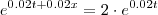 e^{0.02t+0.02x}=2\cdot e^{0.02t}