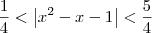 \dfrac{1}{4} < \left|x^2 - x - 1\right| < \dfrac{5}{4} \dfrac{1}{4} < \left|x^2 - x - 1\right| < \dfrac{5}{4}