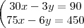 \begin{pmatrix}
30x - 3y = 90 \\
75x - 6y = 450
\end \begin{pmatrix}
30x - 3y = 90 \\
75x - 6y = 450
\end
