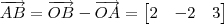 \overrightarrow{AB} = \overrightarrow{OB} - \overrightarrow{OA} = \begin{bmatrix} 2 & -2 & 3\end{bmatrix} \overrightarrow{AB} = \overrightarrow{OB} - \overrightarrow{OA} = \begin{bmatrix} 2 & -2 & 3\end{bmatrix}