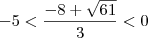 - 5 < \frac{-8 + \sqrt{61} }{3} < 0 - 5 < \frac{-8 + \sqrt{61} }{3} < 0