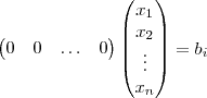 \begin{pmatrix}  0  & 0 &  \hdots  &  0     \end{pmatrix} \begin{pmatrix}  x_1  \\ x_2 \\  \vdots  \\  x_n     \end{pmatrix} = b_i