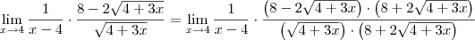 \lim_{x \to 4}\frac{1}{x-4} \cdot \frac{8-2\sqrt{4+3x}}{ \sqrt{4+3x}} = \lim_{x \to 4}\frac{1}{x-4} \cdot \frac{\left(8-2\sqrt{4+3x}\right)\cdot \left(8+2\sqrt{4+3x}\right)}{\left( \sqrt{4+3x} \right)\cdot \left(8+2\sqrt{4+3x}\right)}