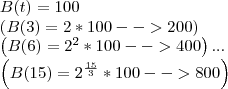 B(t) = 100

\left(B(3) = 2 * 100 --> 200 \right)

\left(B(6) = {2}^{2}*100 --> 400 \right) ...


\left(B(15) = {2}^{\frac{15}{3}} * 100 --> 800 \right)