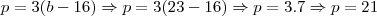 p = 3(b - 16)  \Rightarrow p = 3(23 - 16) \Rightarrow p = 3.7 \Rightarrow p =21