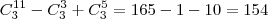 C_3^{11} - C_3^3 + C_3^5 = 165 - 1 -10 = 154 C_3^{11} - C_3^3 + C_3^5 = 165 - 1 -10 = 154