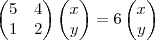 \begin{pmatrix}
5 & 4 \\
1 & 2
\end{pmatrix}
\begin{pmatrix}
x \\
y
\end{pmatrix}=6
\begin{pmatrix}
x \\
y
\end{pmatrix} \begin{pmatrix}
5 & 4 \\
1 & 2
\end{pmatrix}
\begin{pmatrix}
x \\
y
\end{pmatrix}=6
\begin{pmatrix}
x \\
y
\end{pmatrix}