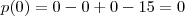 p(0) = 0 - 0 + 0 - 15 = 0 p(0) = 0 - 0 + 0 - 15 = 0
