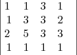 \begin{vmatrix}
1&1 &3&1 \\\
1 &3 &3&2 \\
2 & 5&3&3 \\\
1&1&1&1&
\end{vmatrix} \begin{vmatrix}
1&1 &3&1 \\\
1 &3 &3&2 \\
2 & 5&3&3 \\\
1&1&1&1&
\end{vmatrix}