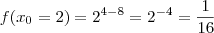 f(x_0 = 2) = 2^{4-8} = 2^{-4} = \frac{1}{16} f(x_0 = 2) = 2^{4-8} = 2^{-4} = \frac{1}{16}