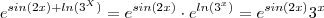 e^{sin(2x) + ln(3^X)} = e^{sin(2x)} \cdot e^{ln(3^x)} = e^{sin(2x)} 3^{x} e^{sin(2x) + ln(3^X)} = e^{sin(2x)} \cdot e^{ln(3^x)} = e^{sin(2x)} 3^{x}