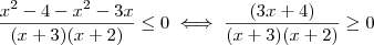 \frac{x^2 -4 - x^2 -3x}{(x+3)(x+2)} \leq 0 \iff \frac{(3x+4)}{(x+3)(x+2)} \geq 0 \frac{x^2 -4 - x^2 -3x}{(x+3)(x+2)} \leq 0 \iff \frac{(3x+4)}{(x+3)(x+2)} \geq 0