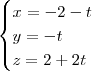 \begin{cases}
x = -2 - t \\
y = - t \\
z = 2 + 2t
\end{cases} \begin{cases}
x = -2 - t \\
y = - t \\
z = 2 + 2t
\end{cases}
