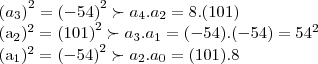 {({a}_{3})}^{2}={(-54)}^{2}\succ {a}_{4}.{a}_{2}=8.(101)


{({a}_{2})}^{2}={(101)}^{2}\succ {a}_{3}.{a}_{1}=(-54).(-54)={54}^{2}


{({a}_{1})}^{2}={(-54)}^{2}\succ {a}_{2}.{a}_{0}=(101).8
