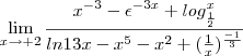 \lim_{x\rightarrow+2}\frac{x^{-3}-\epsilon^{-3x}+log_\frac{1}{2}^x}{ln13x-x^5-x^2+(\frac{1}{x})^{\frac{-1}{3}}}