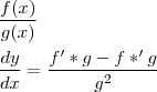 \\\\ \frac{f(x)}{g(x)} \\\\ \frac{dy}{dx}= \frac{f'*g-f*'g} {g^{2}} \\\\ \frac{f(x)}{g(x)} \\\\ \frac{dy}{dx}= \frac{f'*g-f*'g} {g^{2}}