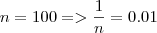 n = 100 => \frac{1}{n} = 0.01 n = 100 => \frac{1}{n} = 0.01