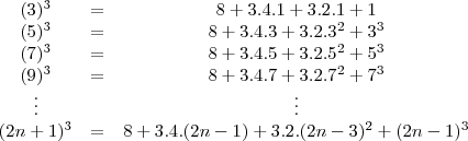 \begin{matrix}
(3)^3&=&8+3.4.1+3.2.1+1\\
(5)^3&=&8+3.4.3+3.2.3^2+3^3\\
(7)^3&=&8+3.4.5+3.2.5^2+5^3\\
(9)^3&=&8+3.4.7+3.2.7^2+7^3\\
\vdots&&\vdots\\
(2n+1)^3&=&8+3.4.(2n-1)+3.2.(2n-3)^2+(2n-1)^3
\end{matrix}