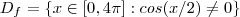 D_f = \{x \in[0,4\pi] : cos(x/2) \neq 0 \}