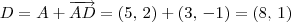 D = A + \overrightarrow{AD} = (5,\,2) + (3,\,-1) = (8,\, 1) D = A + \overrightarrow{AD} = (5,\,2) + (3,\,-1) = (8,\, 1)
