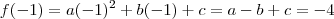 f(-1) = a(-1)^2 +b(-1) + c = a -b + c = -4 f(-1) = a(-1)^2 +b(-1) + c = a -b + c = -4