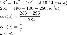 \\16^2=14^2+10^2-2.10.14.cos(a)\\256=196+100-280cos(a)\\cos(a)=\frac{256-296}{-280}\\cos(a)=\frac{1}{7}\\a\sim 82^o