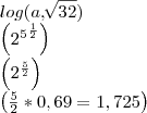 log (a, \sqrt[]{32})


\left({{2}^{5}}^{\frac{1}{2}} \right)

\left({2}^{\frac{5}{2}} \right)


\left(\frac{5}{2}*0,69 = 1,725 \right)