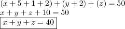 \\ (x + 5 + 1 + 2) + (y + 2) + (z) = 50 \\ x + y + z + 10 = 50 \\ \boxed{x + y + z = 40}