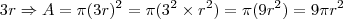 3r\Rightarrow A=\pi (3r)^2=\pi(3^2\times r^2)=\pi(9r^2)=9\pi r^2 3r\Rightarrow A=\pi (3r)^2=\pi(3^2\times r^2)=\pi(9r^2)=9\pi r^2
